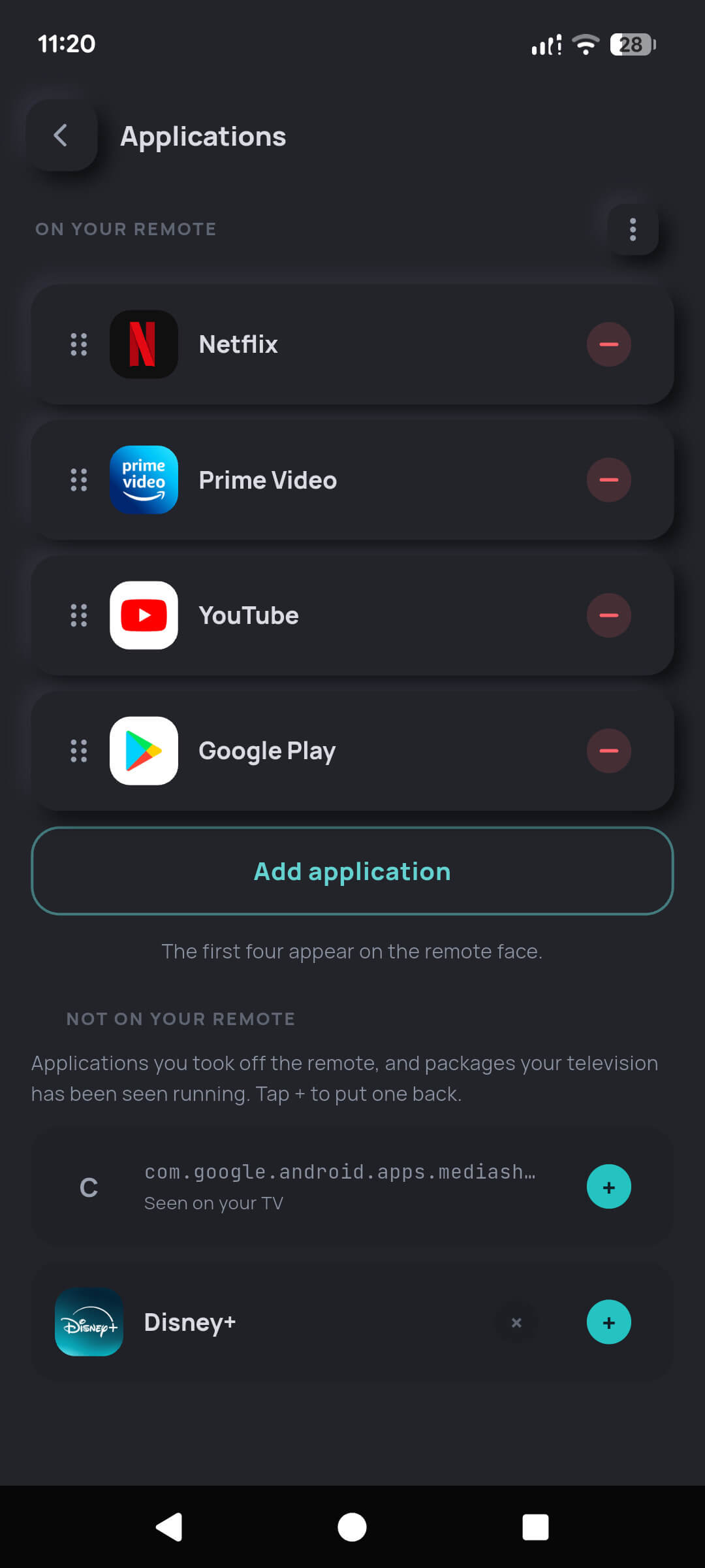 The Applications screen where the four app shortcuts on the remote face are chosen, reordered by dragging, and added from apps seen running on the television