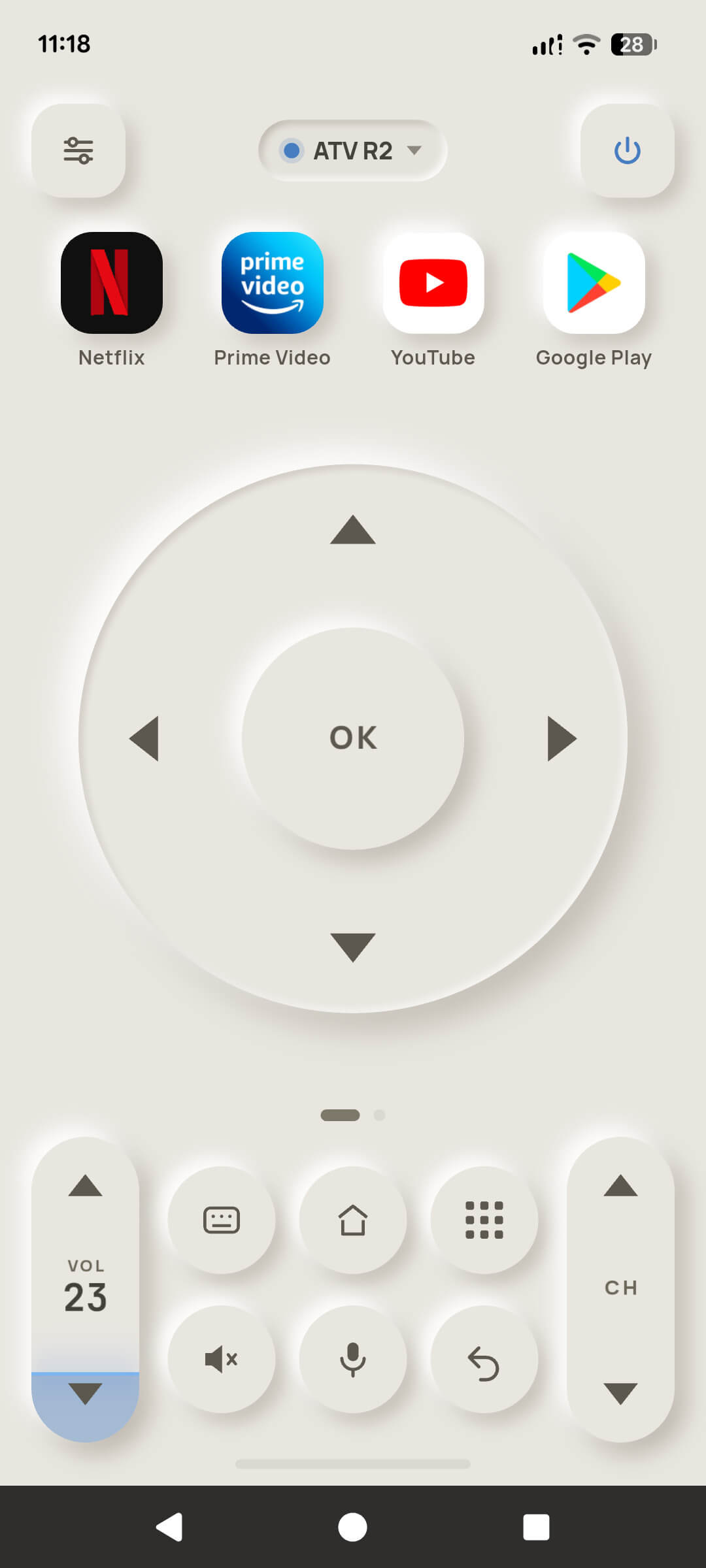 TV Remote in its light theme, showing the D-pad ring, app shortcuts and volume rocker