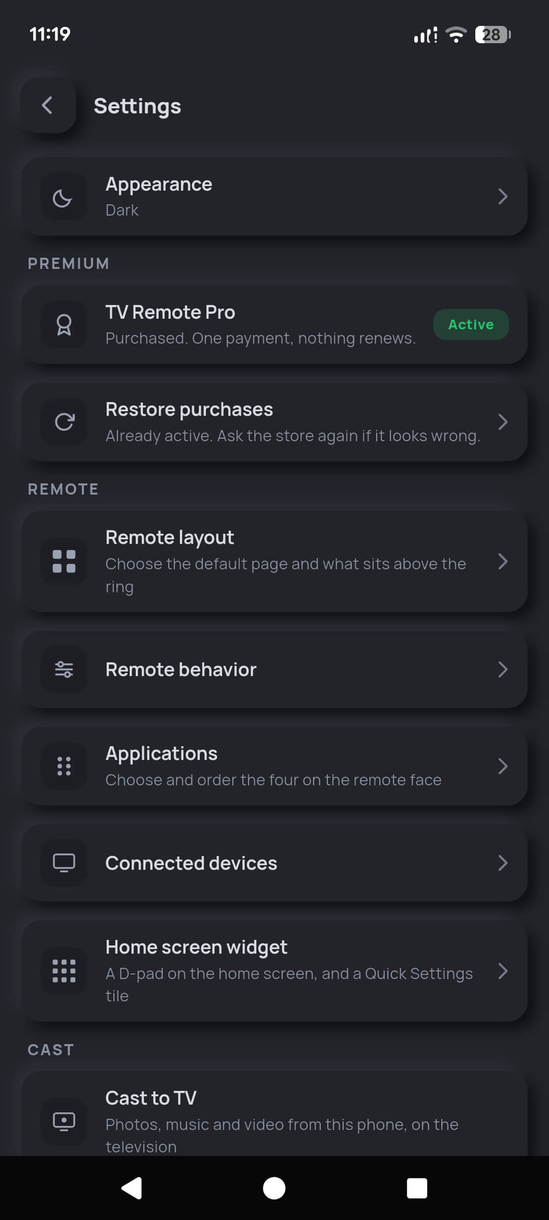 TV Remote settings hub listing appearance, TV Remote Pro entitlement, remote layout, remote behavior, applications, connected devices, home screen widget and cast options